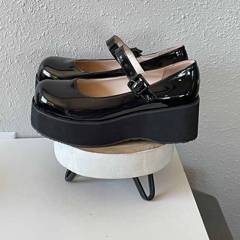 Nwot Unbranded Womens Shinny Black College Wedge Platform Mary Jane Shoe Size 46